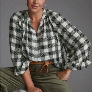 Pilcro Anthropologie Button Blouse Top Prairie Harvest Black Plaid Size Medium